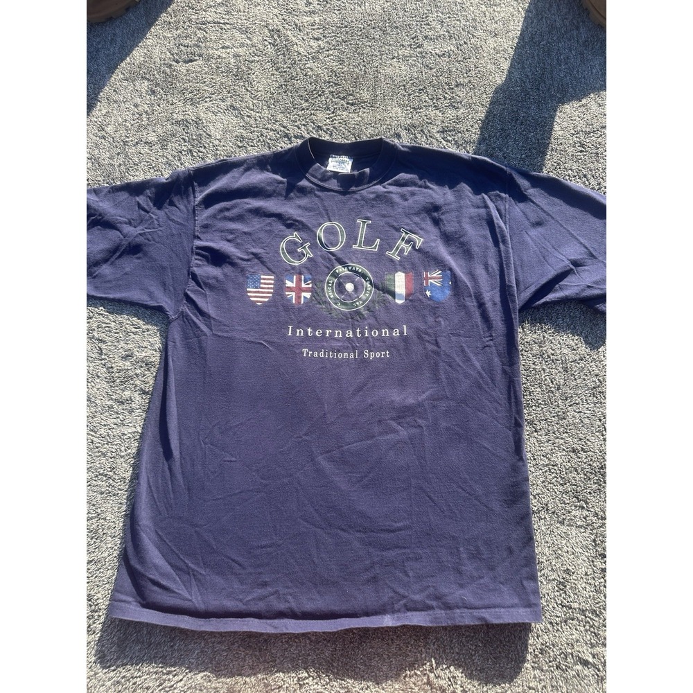 Vintage 90s Golf International T Shirt XL Oneita Power-T USA Flags Navy Tee